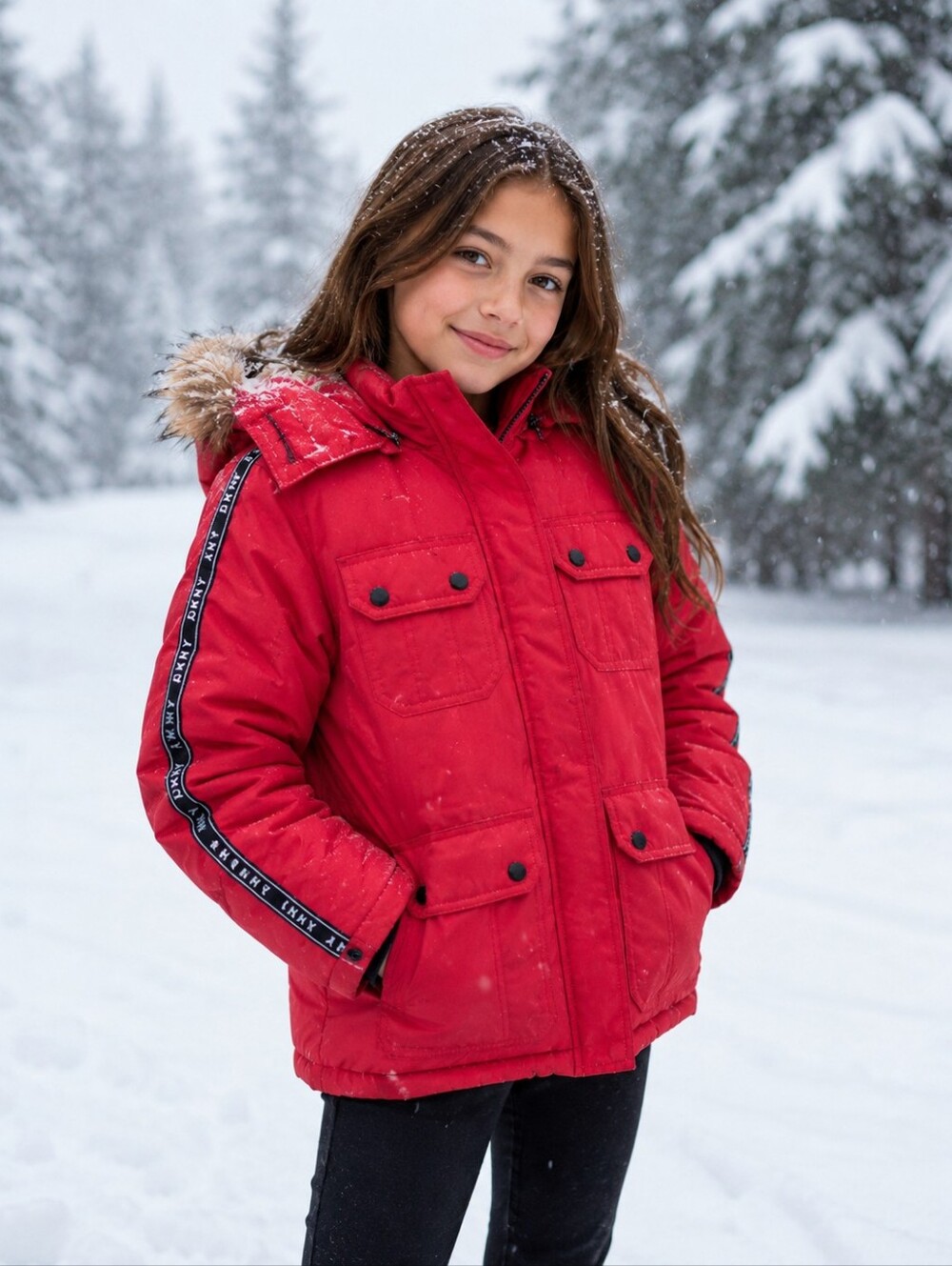 Red DKNY Girl's Jacket Puffer Small 8 Detachable Fur Hood Winter Ski